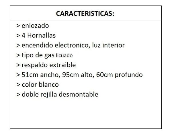 Cocina Escorial Palace Cristal Blanca Luz y Enc. Gas Envasado